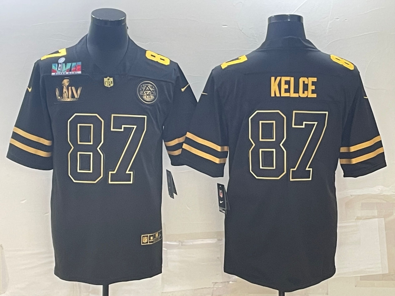 Men's Kansas City Chiefs #87 Travis Kelce Black Golden Super Bowl LV And Super Bowl LVII Patch Vapor Limited Stitched Jersey Men's Kansas City Chiefs #87 Travis Kelce Black Golden Super Bowl LV And Super Bowl LVII Patch Vapor Limited Stitched Jersey